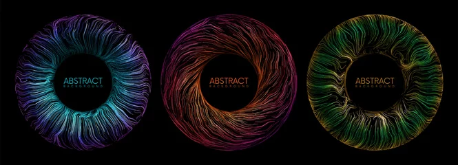 Foto op Plexiglas Set of colorful digital abstract eye iris with glowing waved lines and sparks on black background. Beautiful glowing futuristic circle banners. Vector illustration with place for your content © 3d_kot