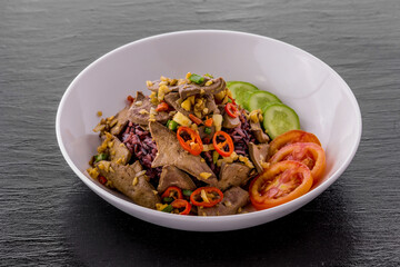 Stir fried salt and pepper pork liver with rice berry