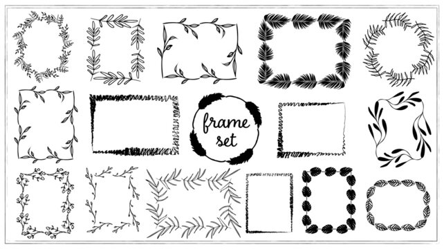 Frame set of wreaths from grass design elements. Circles and rectangles border vector ornaments.
