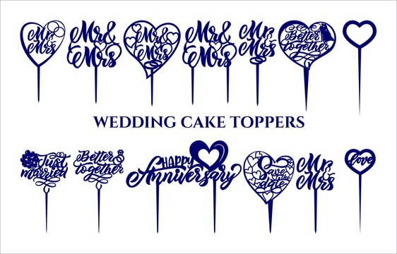 Set of wedding cake toppers with quotes in heart shapes.