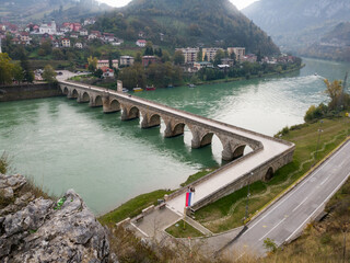 The old stone bridge of Mehmed Pasha Sokolovic over the river Drina in Visegrad