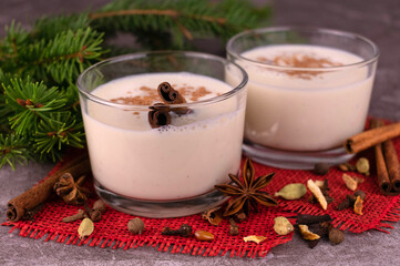 Eggnog with cinnamon and nutmeg for Christmas and winter holidays.