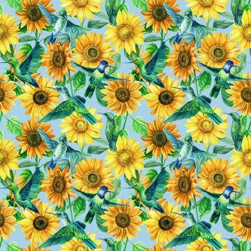 Hummingbirds and sunflowers watercolor illustration seamless pattern