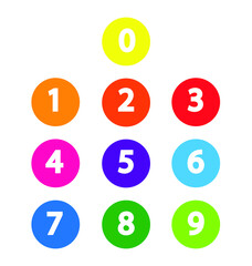 Colorful flat number icons. For a mobile application, mathematics. Zero, one, two, three, four, five, six, seven, eight, nine. Vector