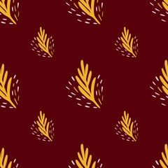 Fototapeta na wymiar Seamless pattern leaf palm on brown background. Vector foliage template in doodle style. Modern tropical texture.