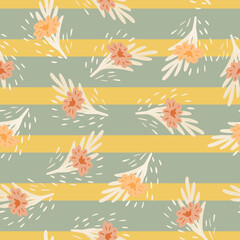 Fototapeta na wymiar Seamless pattern with bouquets of small flowers on green yellow striped background. Vector floral template in doodle. Gentle summer botanical texture.