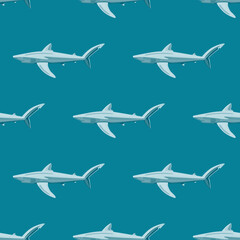 Seamless pattern Blue shark on light teal background. Texture of marine fish for any purpose.