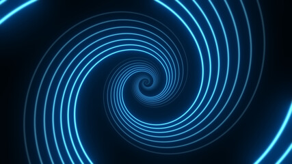 Travel through abstract neon spiral tunnel. Glow wormhole background