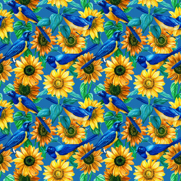 birds starling and sunflower, watercolor illustration seamless pattern