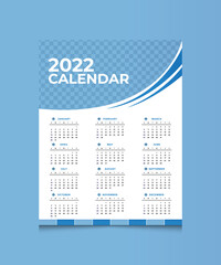 Single page calendar 2022, Calendar design for 2022. Wall calendar one page, vector design print template with place for photo and company logo.