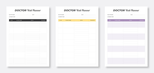 Doctor visit planner template. Minimalist planner pages templates. Printable planner templates. Set of doctor visit planner templates.