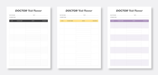 Doctor visit planner template. Minimalist planner pages templates. Printable planner templates. Set of doctor visit planner templates. - obrazy, fototapety, plakaty