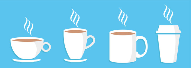 Coffee cup icon set. Mug for coffee and tea. Cups with steam isolated. Hot drink silhouette. Vector illustration.