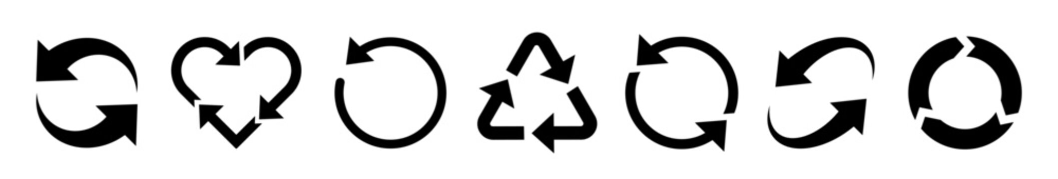 Recycle vector icon set. Arrows, heart and leaf recycling eco green symbol. Rounded angles. Recycled signs illustration isolated on white background.
