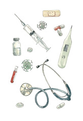Set of elements on the theme of medicine - vaccine against a virus concept - medical instruments and treatment -watercolor illustration