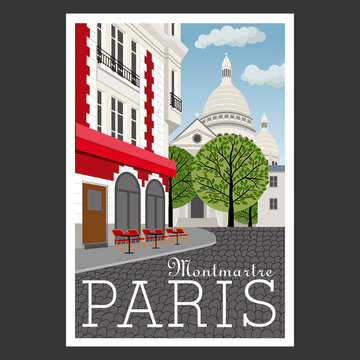Affiche touristique r&eacute;aliste d&rsquo;un paysage parisien du quartier Montmartre, avec dans le fond le Sacr&eacute; c&oelig;ur, afin de laisser aux touristes un souvenir de Paris en France.
