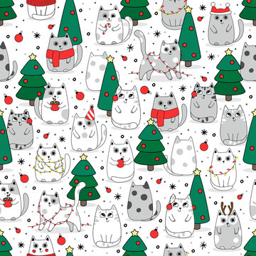 Seamless pattern background cute cat in snow for winter. Doodle style
