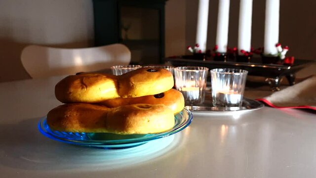 Stockholm, Sweden Classic Lucia bullar or Saffron buns popular at Christmas. 