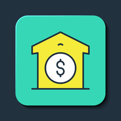 Filled outline Warehouse price icon isolated on blue background. Turquoise square button. Vector