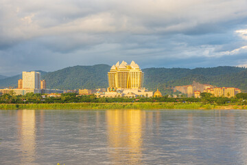 Mekong River with casinos and resorts as a backdrop in the Golden Triangle of Laos Special Economic Zone at Chiang Saen 