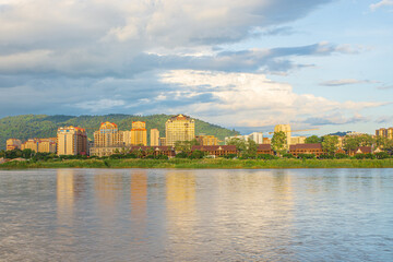 Mekong River with casinos and resorts as a backdrop in the Golden Triangle of Laos Special Economic Zone at Chiang Saen 