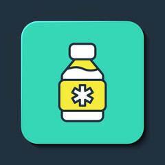 Filled outline Bottle of medicine syrup icon isolated on blue background. Turquoise square button. Vector