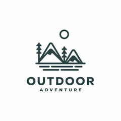 Illustration creative idea nature mountain and pine tree with simple line art style for outdoor sign adventure logo design premium vector