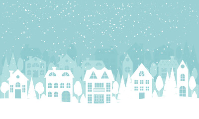 Obraz na płótnie Canvas Winter Village with snowfall. White silhouettes of houses, trees and pines. Christmas Holiday background in a minimal style. Holidays banner with space for text. Decoration elements