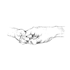 Parent and Child Holding Hand, Hand Drawn Illustration, Monochrome Isolated Vector