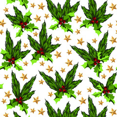 Seamless pattern with Christmas elements fir twigs, berry leaves and stars