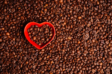Heart full of coffee beans. Love symbol, greeting card for valentine day. Good morning coffee drinker