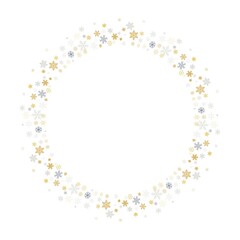 Christmas snowflakes round frame. background. Winter gold and silver snow minimal wreath  on white, greeting card. New Year Holidays backdrop. Vector illustration