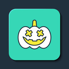 Filled outline Pumpkin icon isolated on blue background. Happy Halloween party. Turquoise square button. Vector
