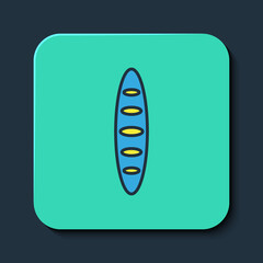 Filled outline French baguette bread icon isolated on blue background. Turquoise square button. Vector