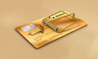 Bank credit card with mousetrap. Golden credit card, abusive credit, financial scam, revolving card, usury and microcredits. Debts with the bank 3d illustration