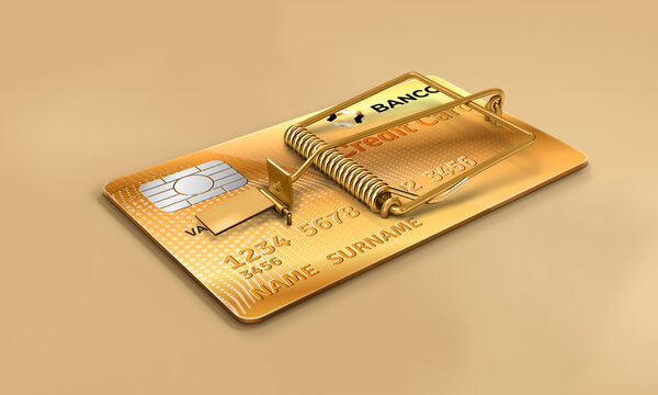 Bank credit card with mousetrap. Golden credit card, abusive credit,  financial scam, revolving card, usury and microcredits. Debts with the bank  3d illustration Stock Illustration | Adobe Stock