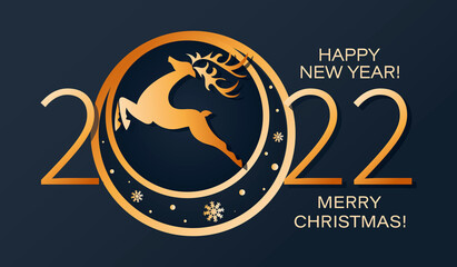 Christmas deer. 2022. Happy New Year. Christmas and New Year greeting card. Winter festive poster.