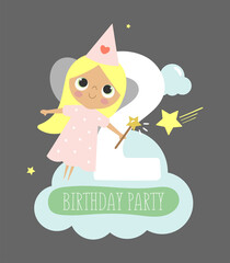 Happy Birthday card with cute little Fairy and number two. Vector illustration cartoon style. Illustration for children's parties, postcards, posters, invitations, banners and printing.