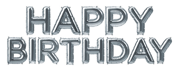 3D Render of Silver inflatable foil balloons set. Bright party decoration figures. Happy Birthday. Beautiful letters for web design or cards isolated on white background. B-day celebration concept