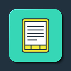 Filled outline E-Book reader icon isolated on blue background. Turquoise square button. Vector