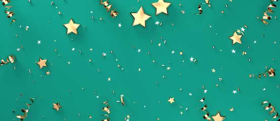 Serpentine streamers with stars and confetti - 3D render illustration