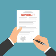 Flat design illustration of manager hand signing business contract with stamp, vector