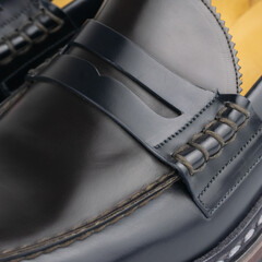 Blue and burgundy shoes penny loafers on cedar shoe-tree detail close up