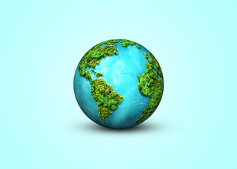Green World Map- 3D tree or forest shape of world map isolated on white background. World Map Green Planet Earth Day or Environment day Concept. Green earth with electric car. Paris agreement concept. © DOERS