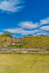 Vertical shot of temples in the Zapotec Archaeological Zone of Monte Alban - Oaxaca, Mexico