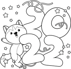 Happy new year coloring book with cute husky