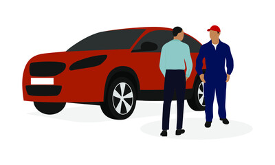 A male character in business clothes and a male character in work overalls are standing near a car and talking on a white background