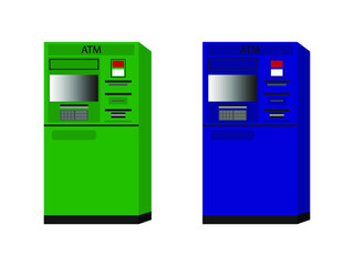 Two ATM machines (blue and green) on a white background