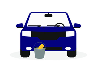 Bucket with water and a sponge near the car on a white background