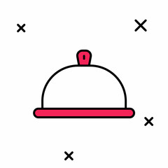 Filled outline Covered with a tray of food icon isolated on white background. Tray and lid sign. Restaurant cloche with lid. Vector
